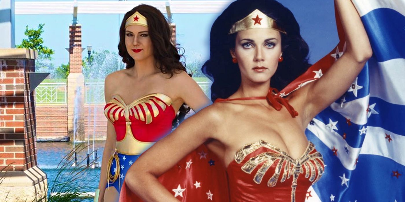 Cosplayer Susie Creates Cosplay in costume as the Lynda Carter version of Wonder Woman beside an image of Lynda Carter's Wonder Woman.