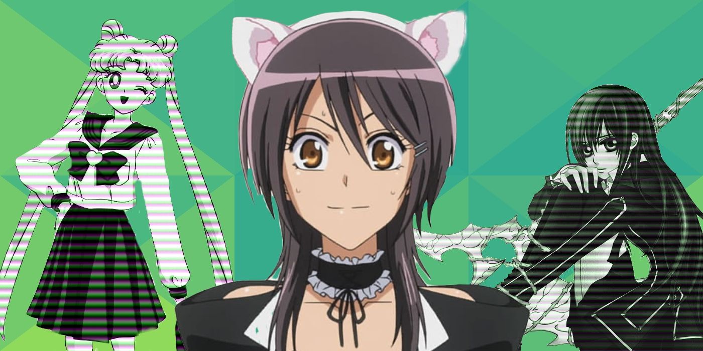 Left: Usagi Tsukino with her right hand on her hip and her left eye winking; Misaki Ayuzawa wearing her maid costume and cat ears with a strained look on her face from Maid Sama!; Yuki Cross sitting and cradling her knees with a serrated scythe resting next to her.