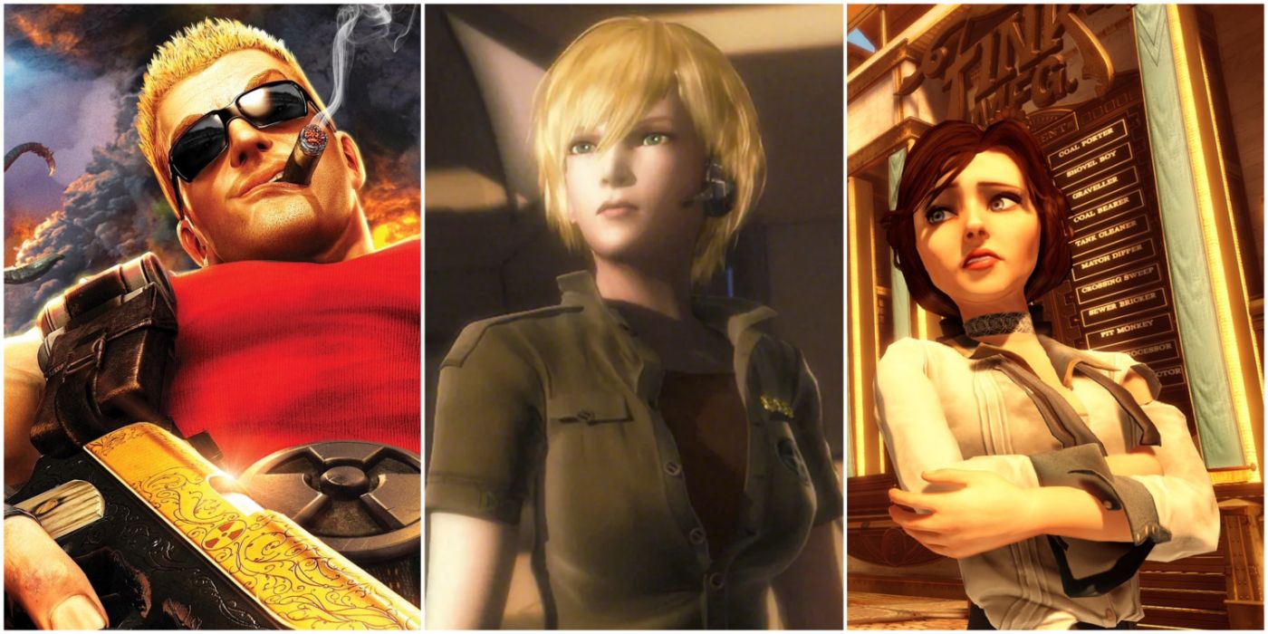 A split image showing Duke Nukem Forever, Samus Aran in Metroid: Other M, and Elizabeth in Bioshock Infinite
