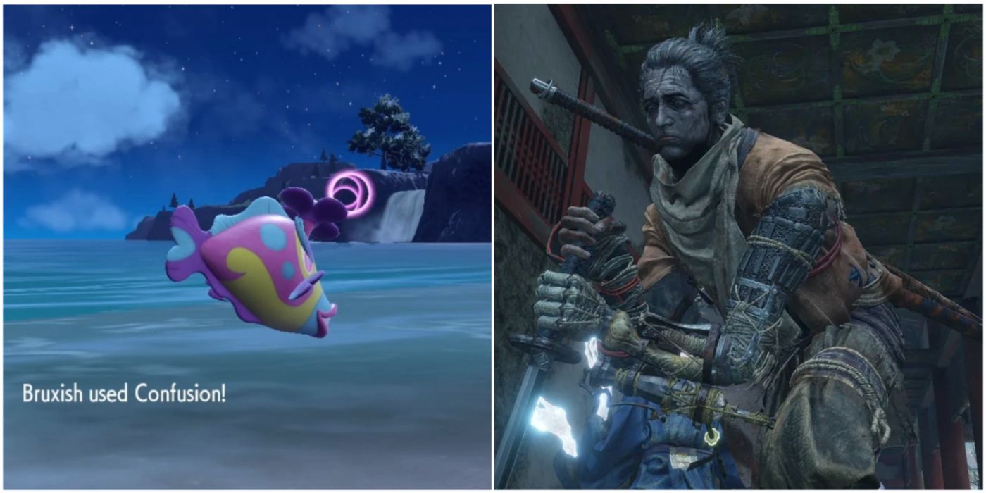 A split image showing Bruxish in Pokemon and Sekiro enfeebled in Sekiro: Shadows Die Twice