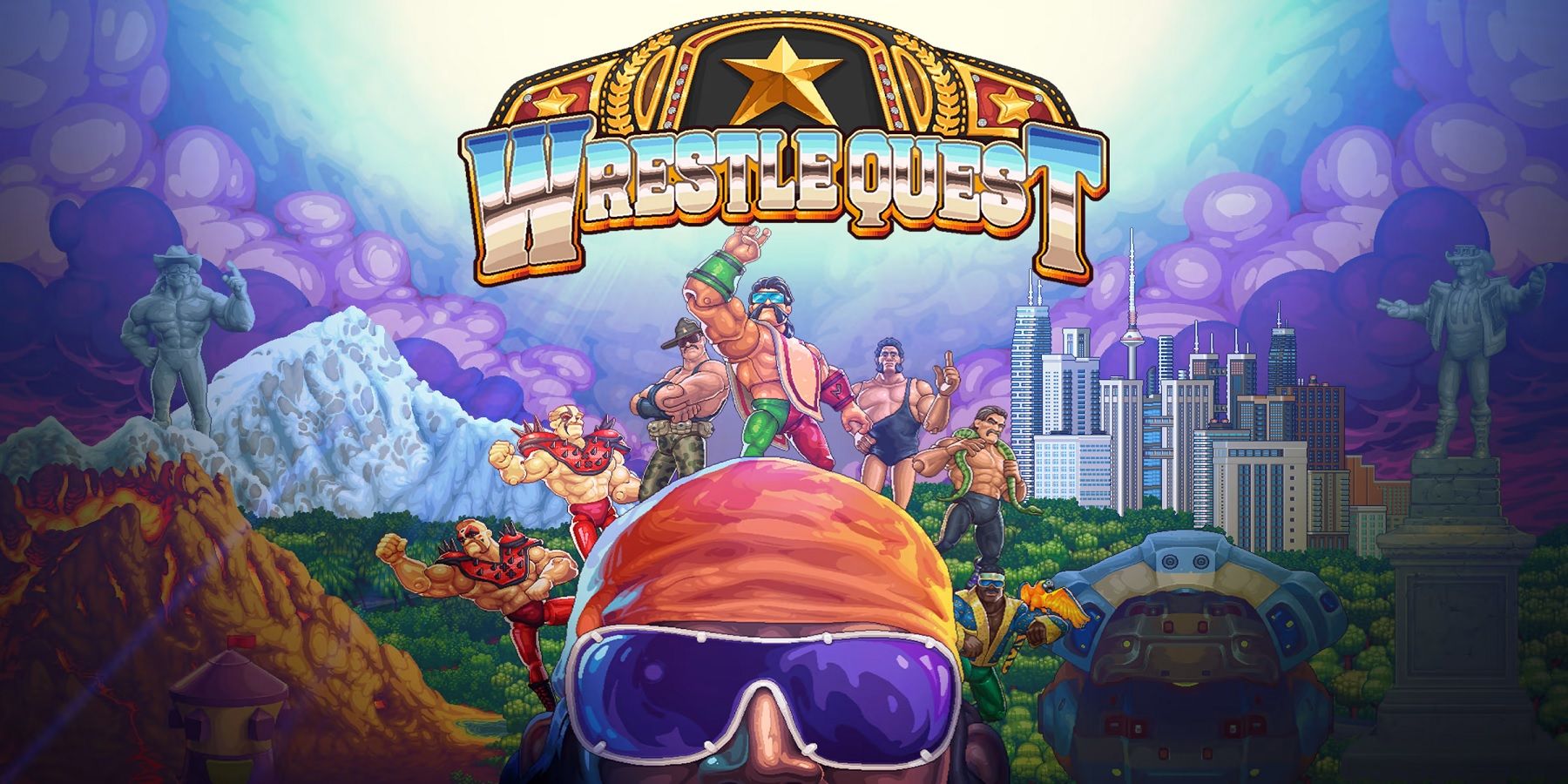 Arte promocional do WrestleQuest com um grupo de lutadores em frente a uma cidade nas montanhas