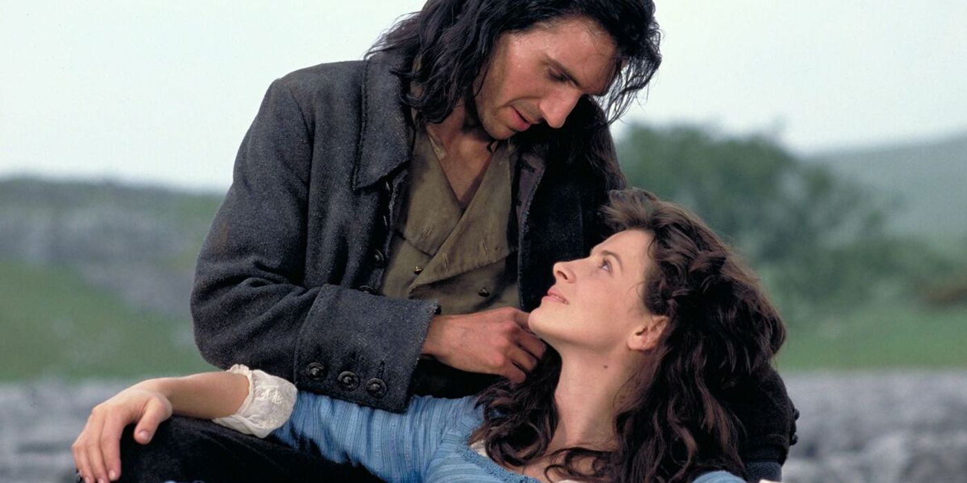 Heathcliff and Cathy embrace in Wuthering Heights