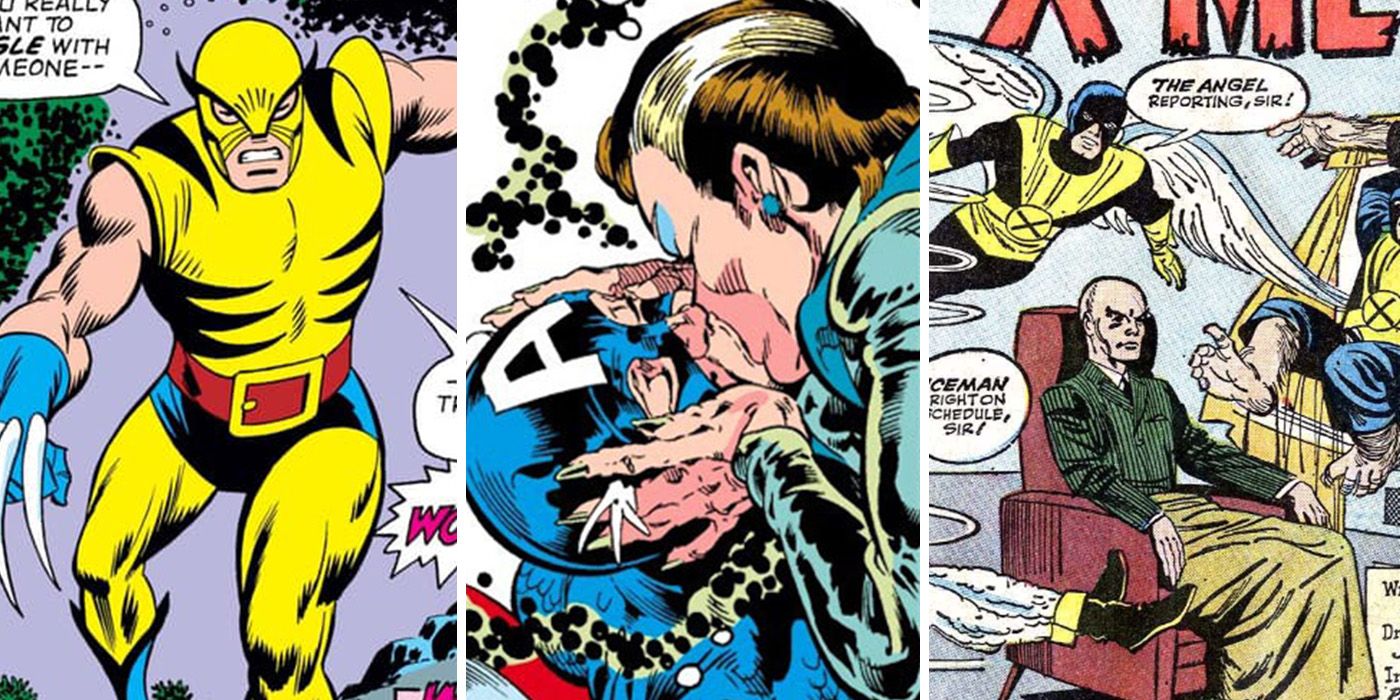split image: Wolverine's first appearance, Rogue kisses Captain America and Professor X assembles the X-Men