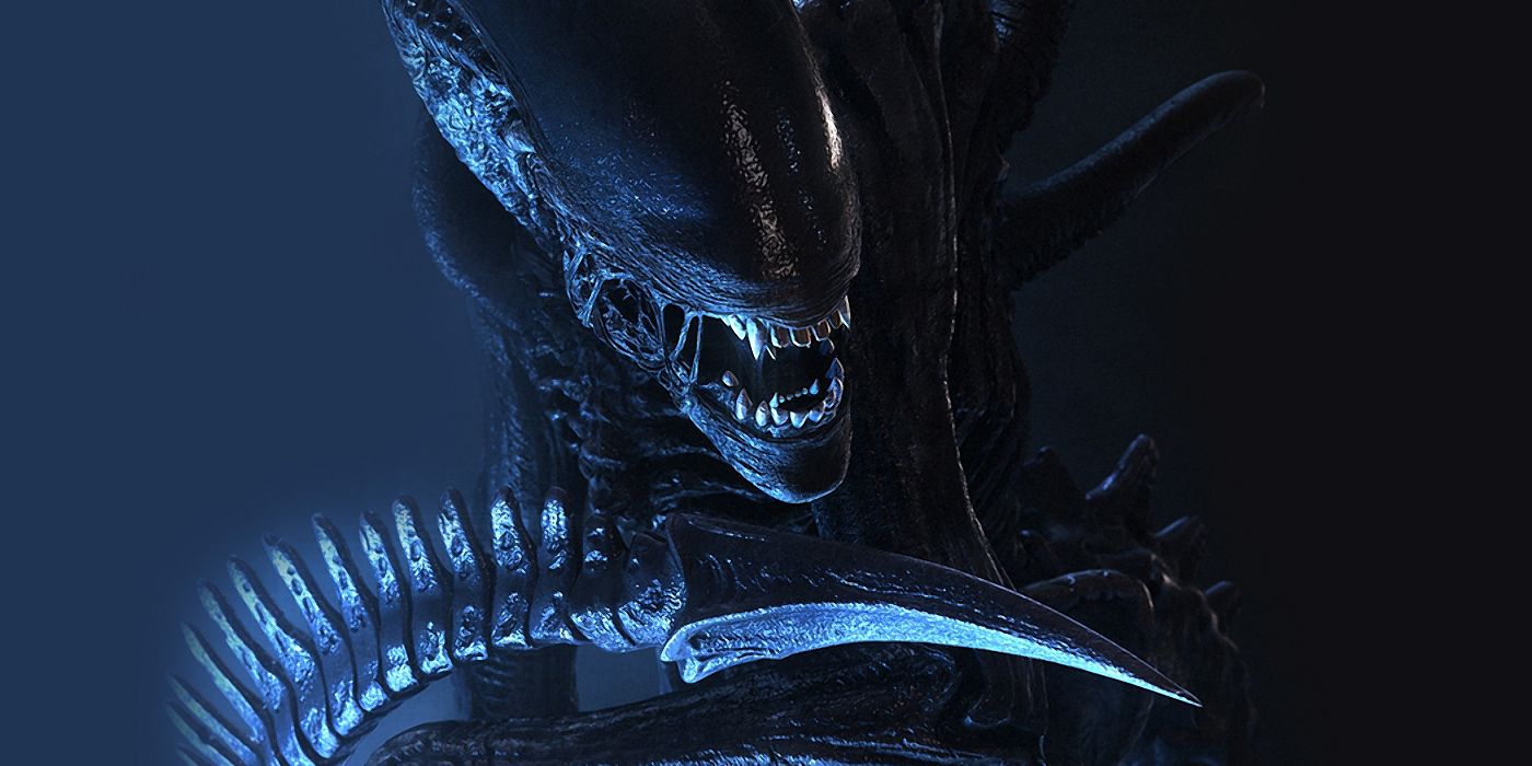 A xenomorph from the Alien franchise cast in a dark blue light