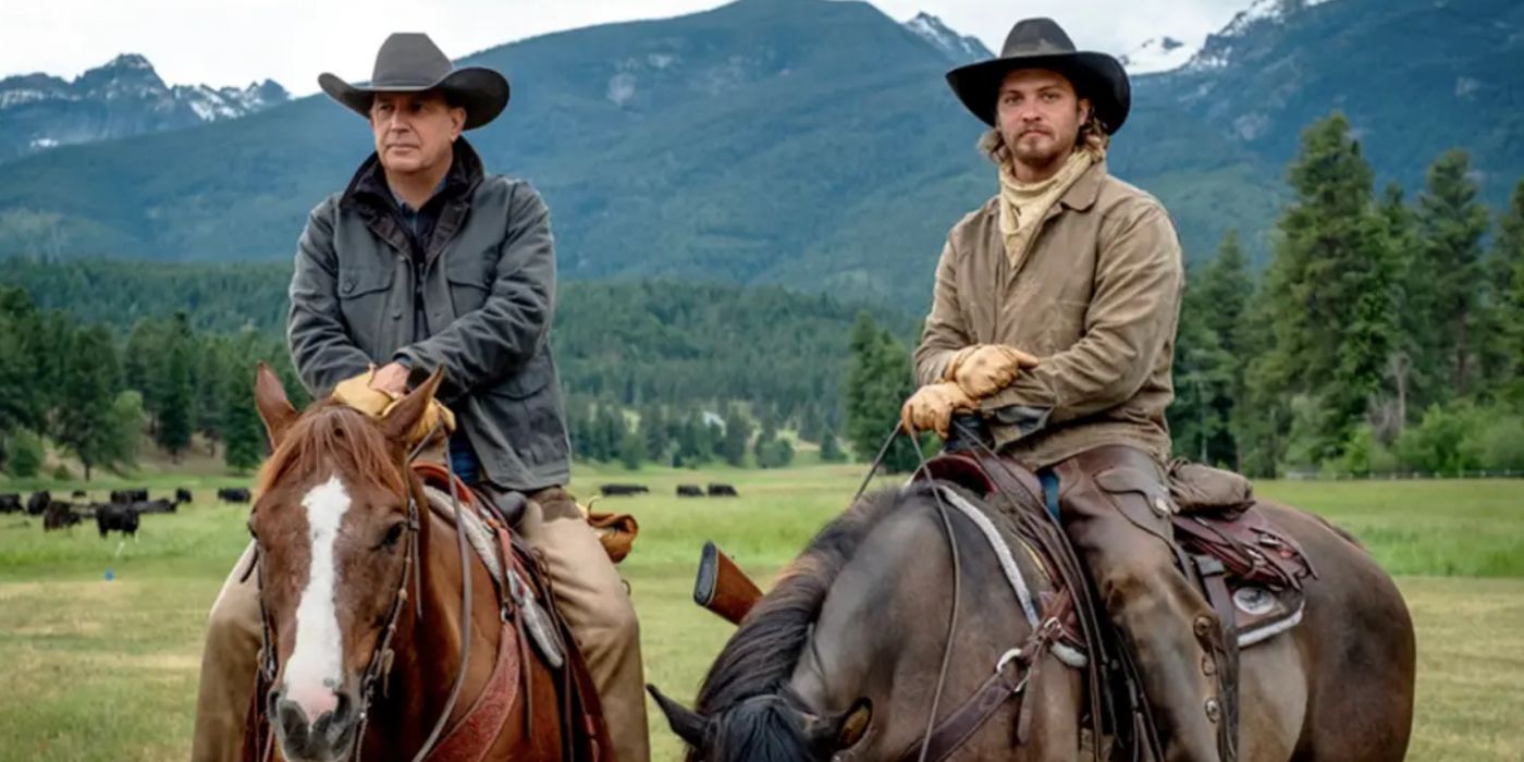 Kevin Coster and Luke Grimes ride horseback on the series Yellowstone.