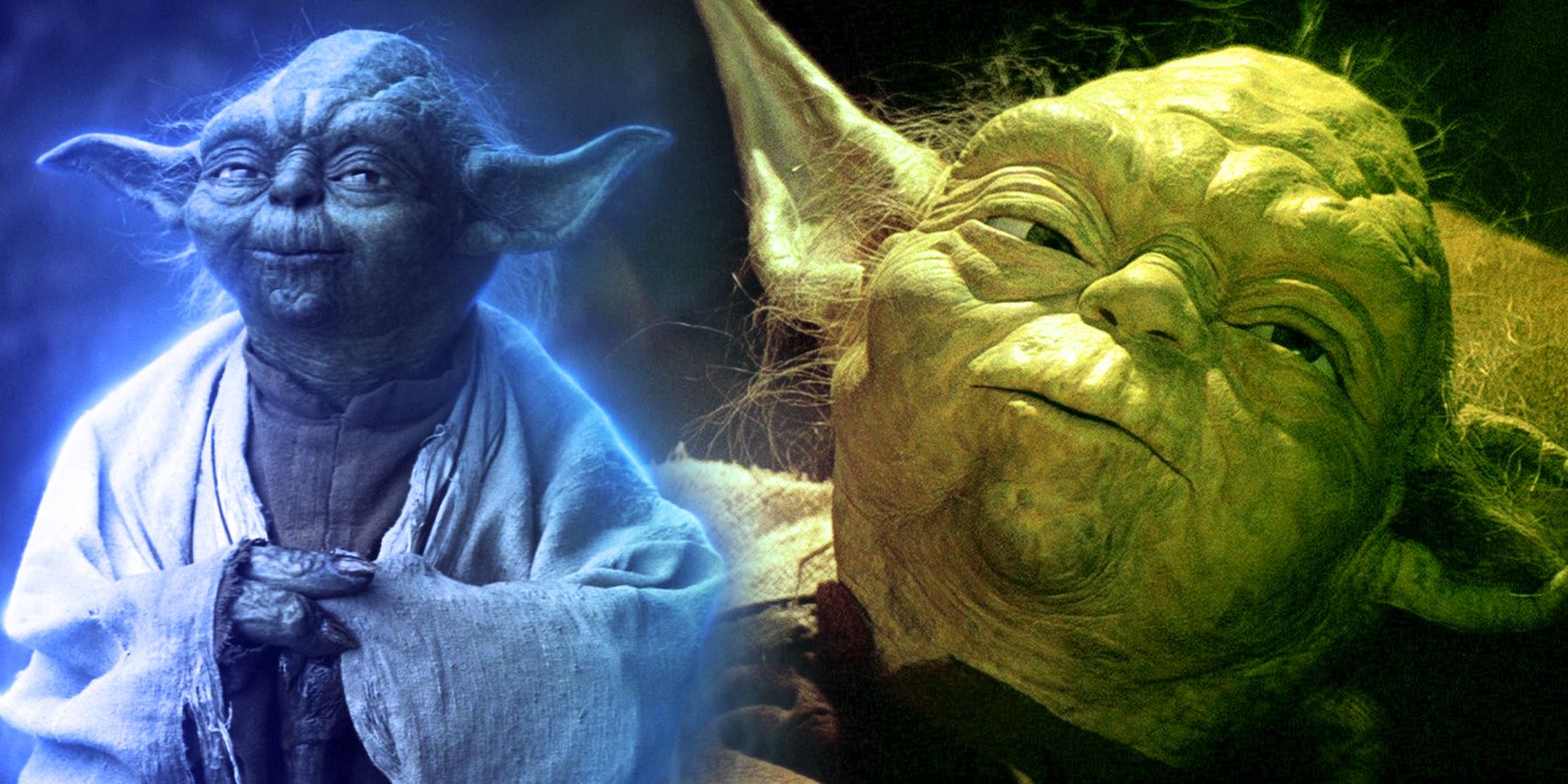 Yoda smiles thoughtfully in 2019's The Last Jedi. On the left, Yoda speaks his last words to Luke in Return of the Jedi.