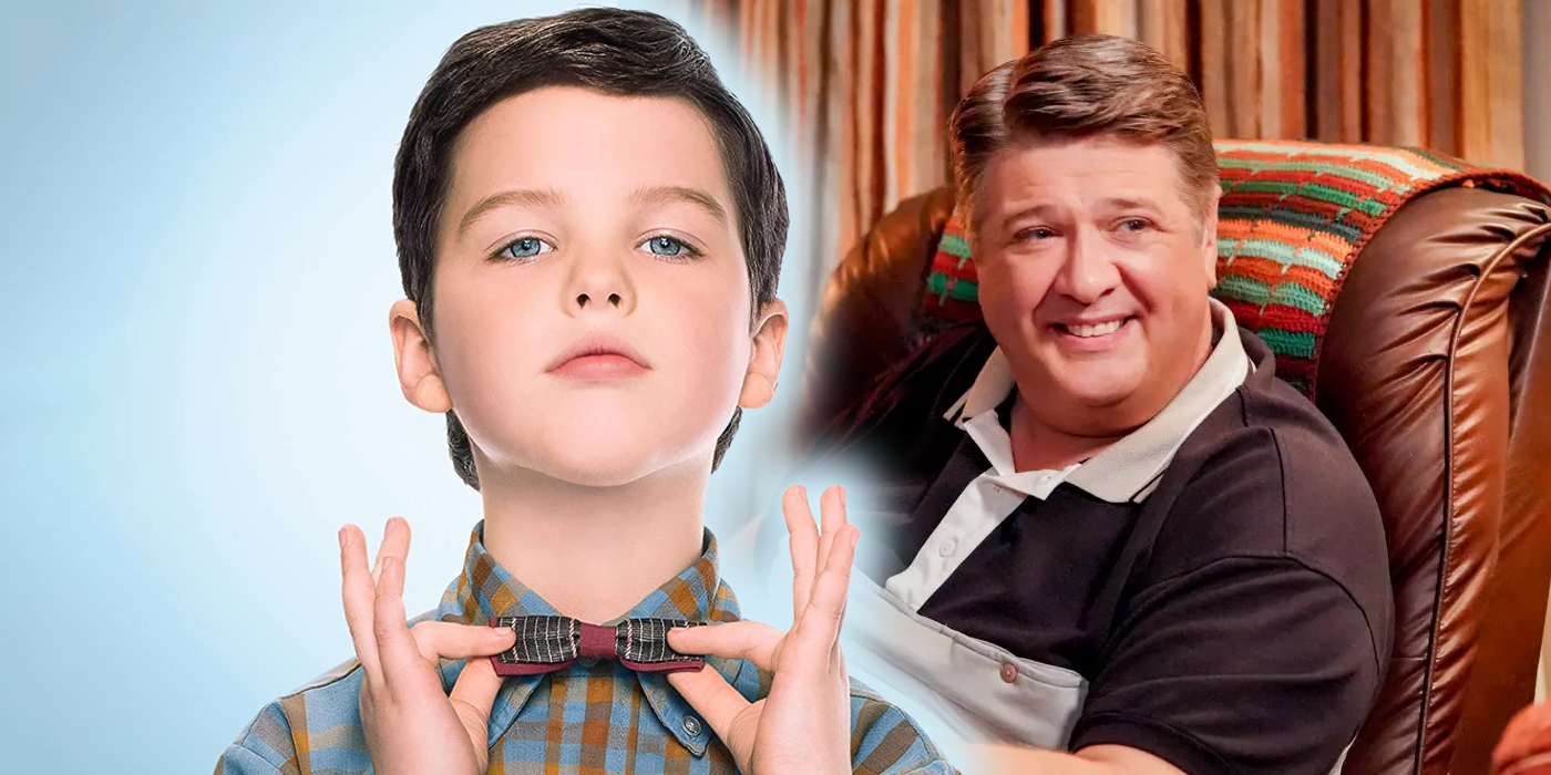 A collage featuring a young Sheldon Cooper tightening his bowtie on the left and George Cooper Sr. sits in his recliner with a big smile on his face.