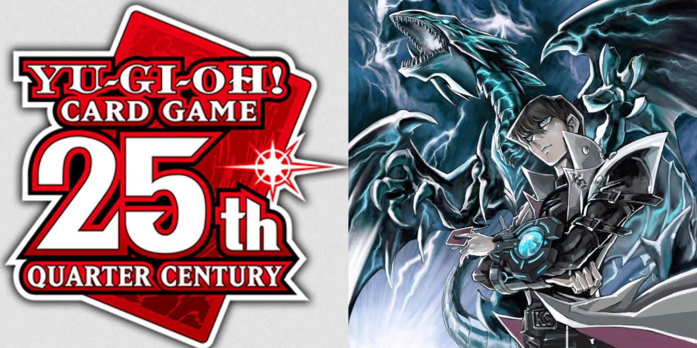 logotipo de um quarto de século do 25º aniversário de yugioh e arte de mangá kaiba com dragão branco de olhos azuis