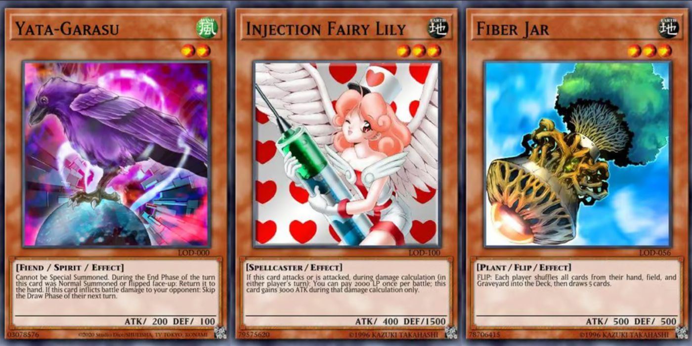 Cartões Yata-Garasu, Injection Fairy Lily e Fiber Jar Effect Monster de Yu-Gi-Oh!  Pacote de booster Legacy of Darkness