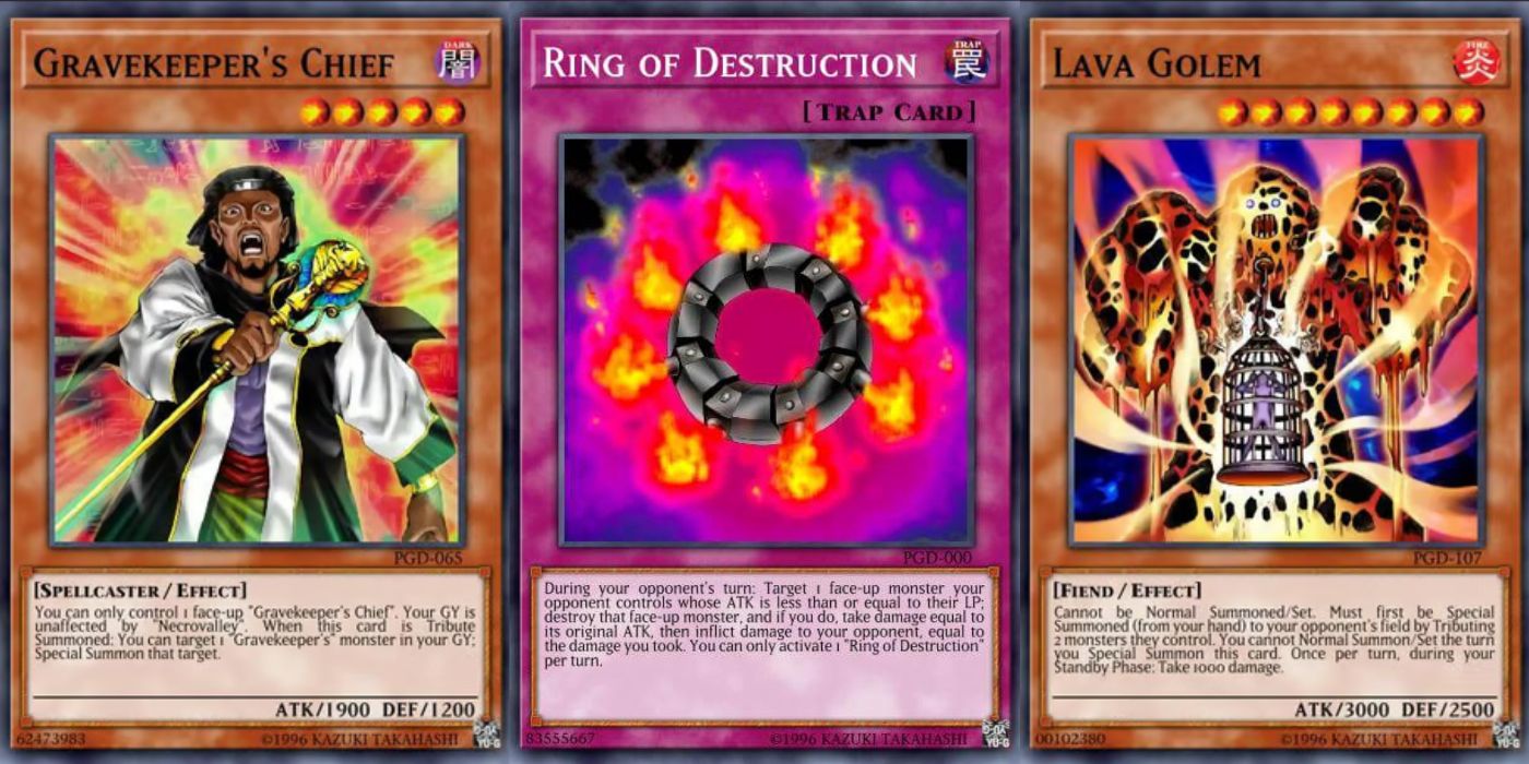 Gravekeepers Chief Effect Monster, Ring of Destruction Trap card e Lava Golem Effect Monster de Yu-Gi-Oh!  Booster do Guardião Faraônico