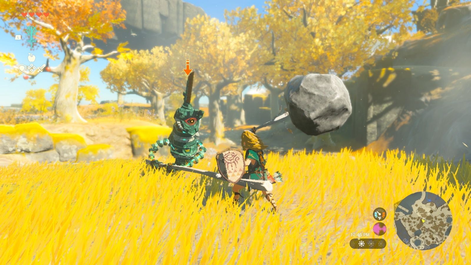 Link enfrentando um Construct com uma espada fundida com uma pedra