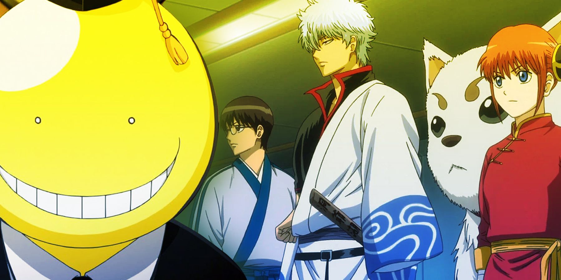 Koro Sensei of Assassination Classroom and Gintoki, Kagura, Shinpachi and Sadaharu from anime Gintama