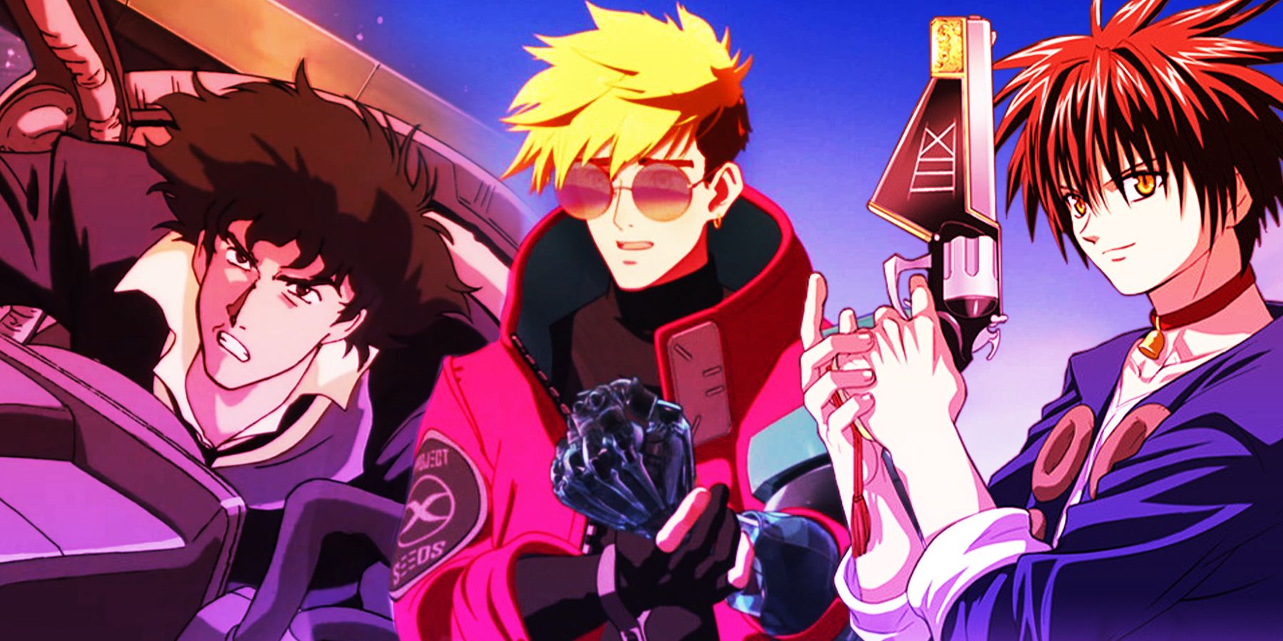 Spike from Cowboy Bebop (left), Vash from Trigun Stampede (center) and Train Heartnet from Black Cat (right)