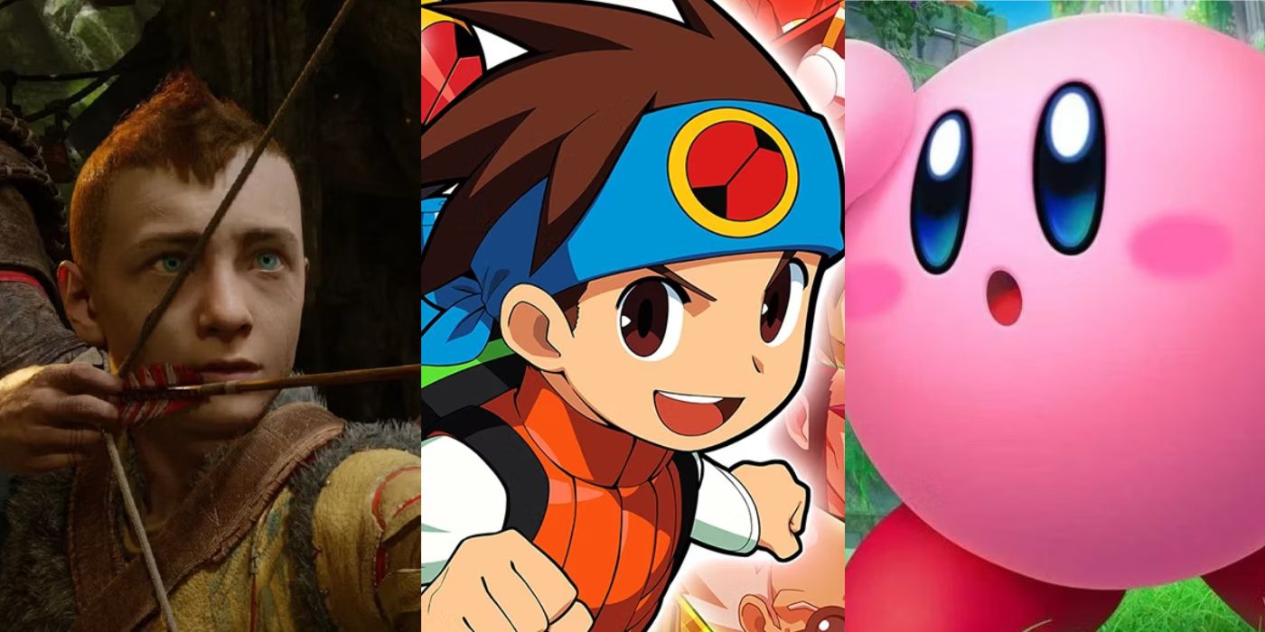 A split image of Atreus from God Of War, Lan Hikari from Mega Man Battle Network, and Kirby from Kirby and the Forgotten Land.