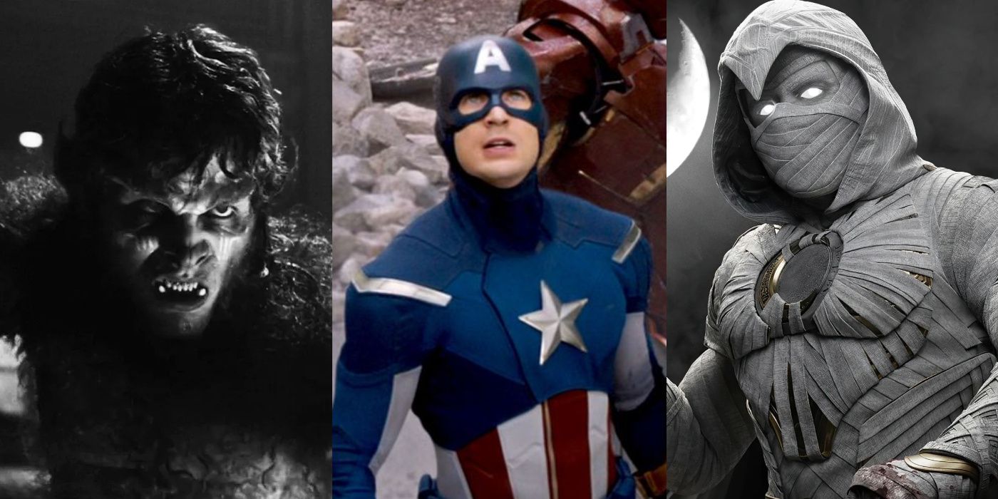 A split image of Werewolf By Night, Captain America, and Moon Knight in the MCU