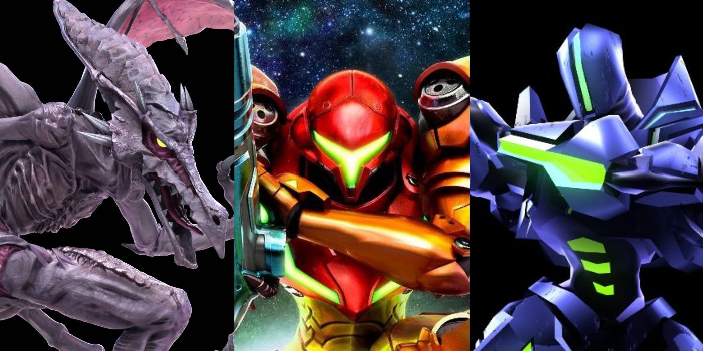 A split image of Ridley, Samus Aran, and Sylux all from Metroid.