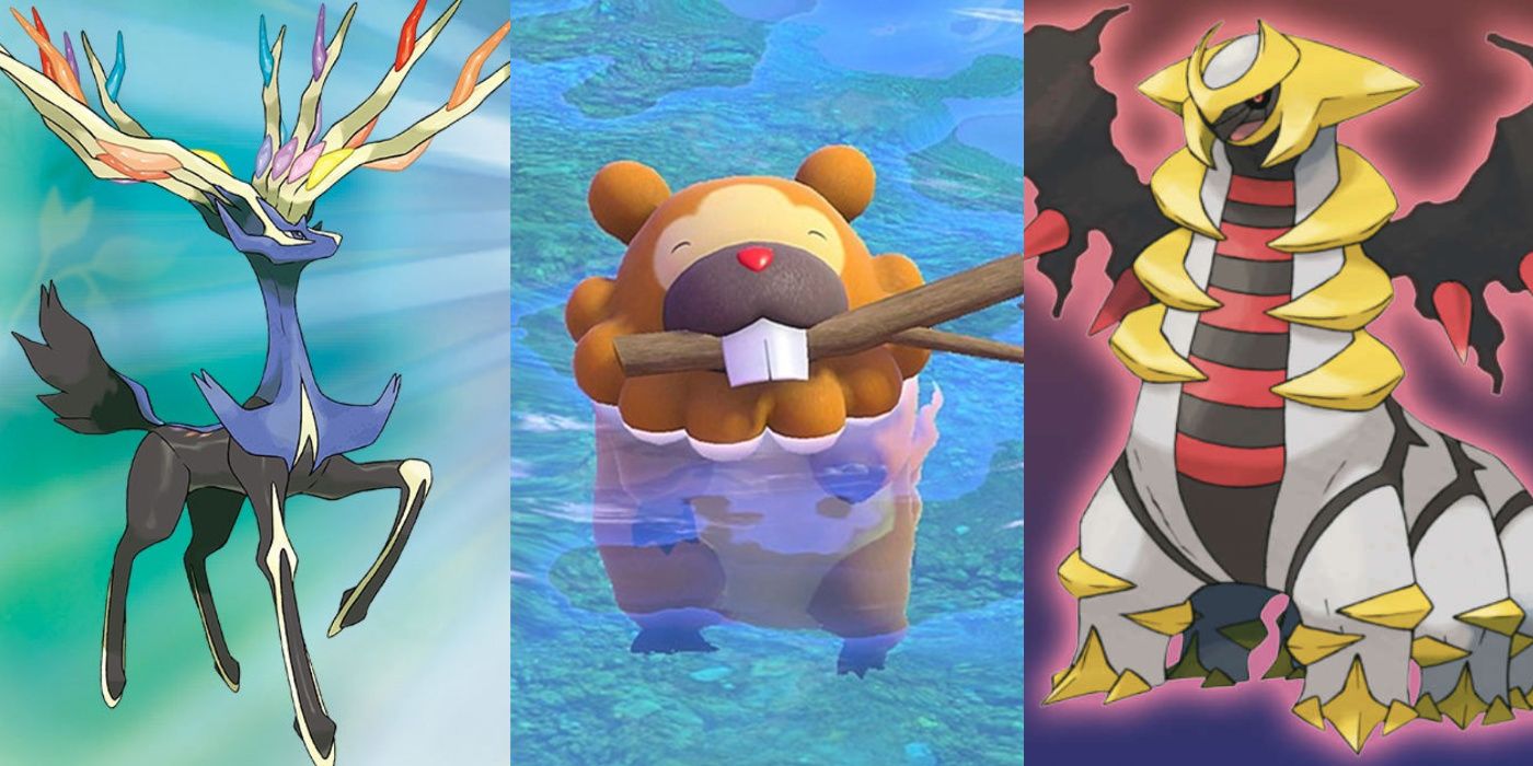 A split image of Xerneus from Pokemon X, Bidoof from New Pokemon Snap, and Giratina from Pokemon Platinum