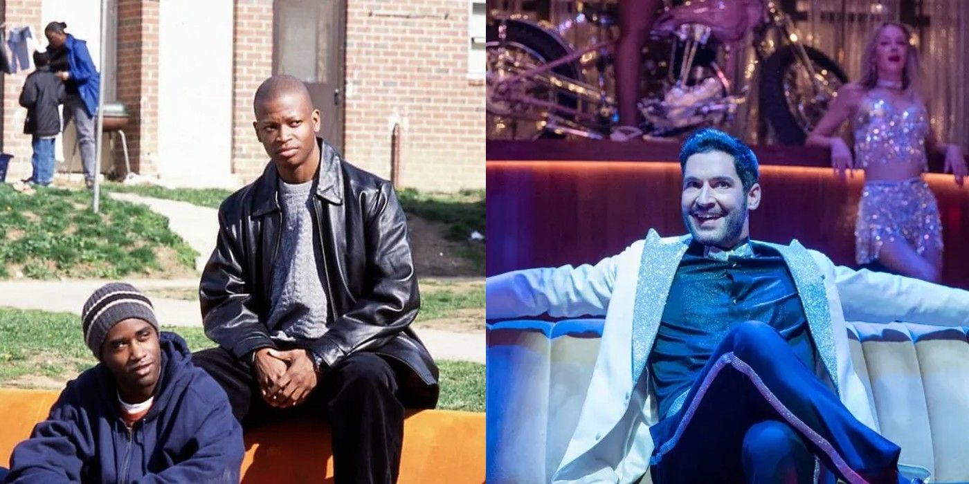 10 Best Police Procedurals With The Best Twists Feature Image: Left - Two members of the Barksdale Crew from The Wire sitting on a bench. Right - Lucifer from the show of the same name sitting on a sofa under a spotlight