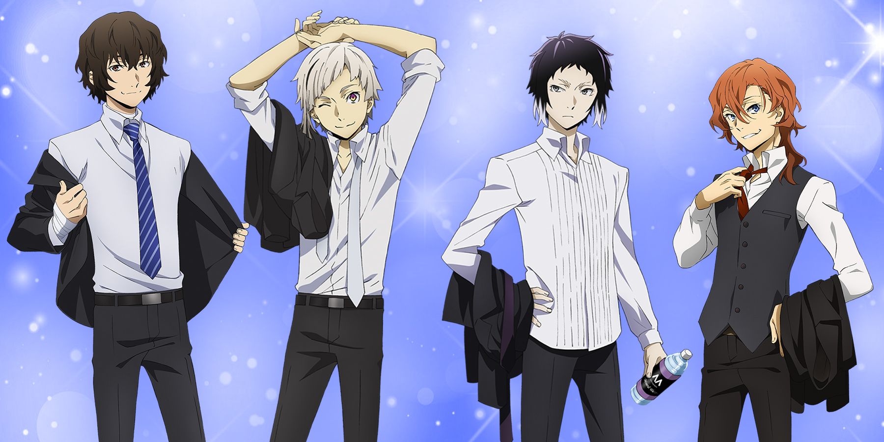 Ryūnosuke Akutagawa, Atsushi Nakajima, Chuuya Nakahara, and Osamu Dazai of anime Bungou Stray Dogs