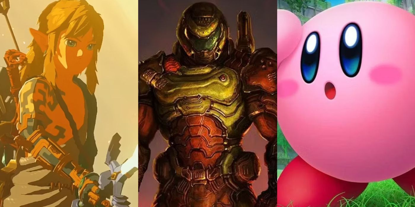 A split image with Link from The Legend Of Zelda: Tears Of The Kingdom, the Doom Slayer from Doom Eternal, and Kirby from Kirby And The orgotten Land.