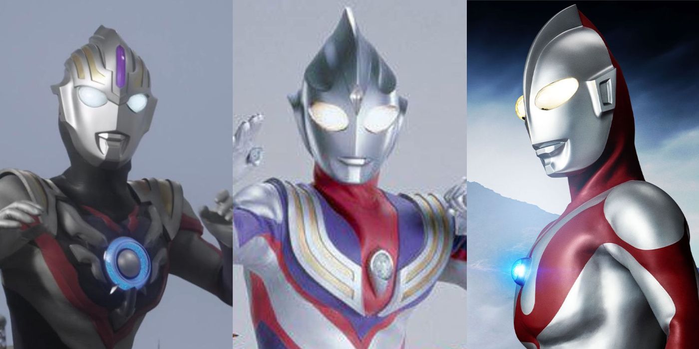 A split image with Ultraman Orb, Ultraman Tiga, and Ultraman.
