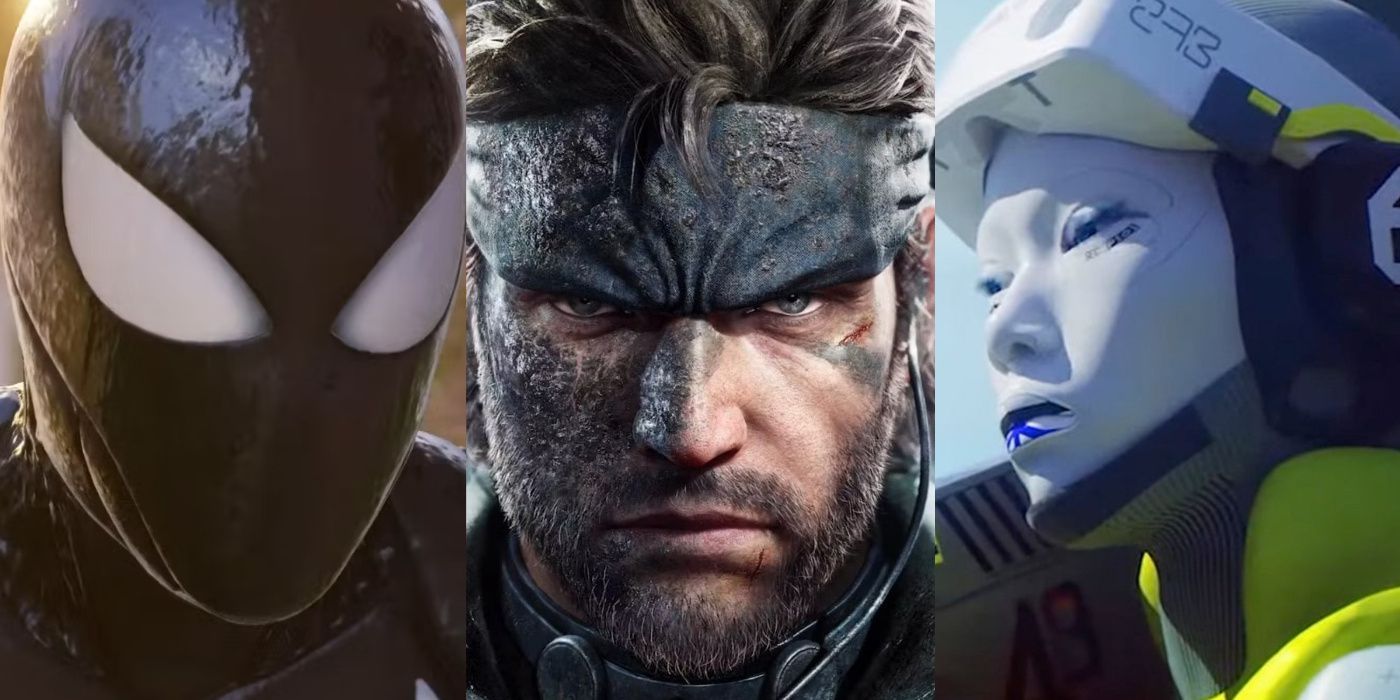 A plit image of Spider-Man in his symbiote suit from Marvel's Spider-Man 2, Snake from Metal Gear Solid Delta: Snake Eater, and a character from the 2023 Marathon remake.