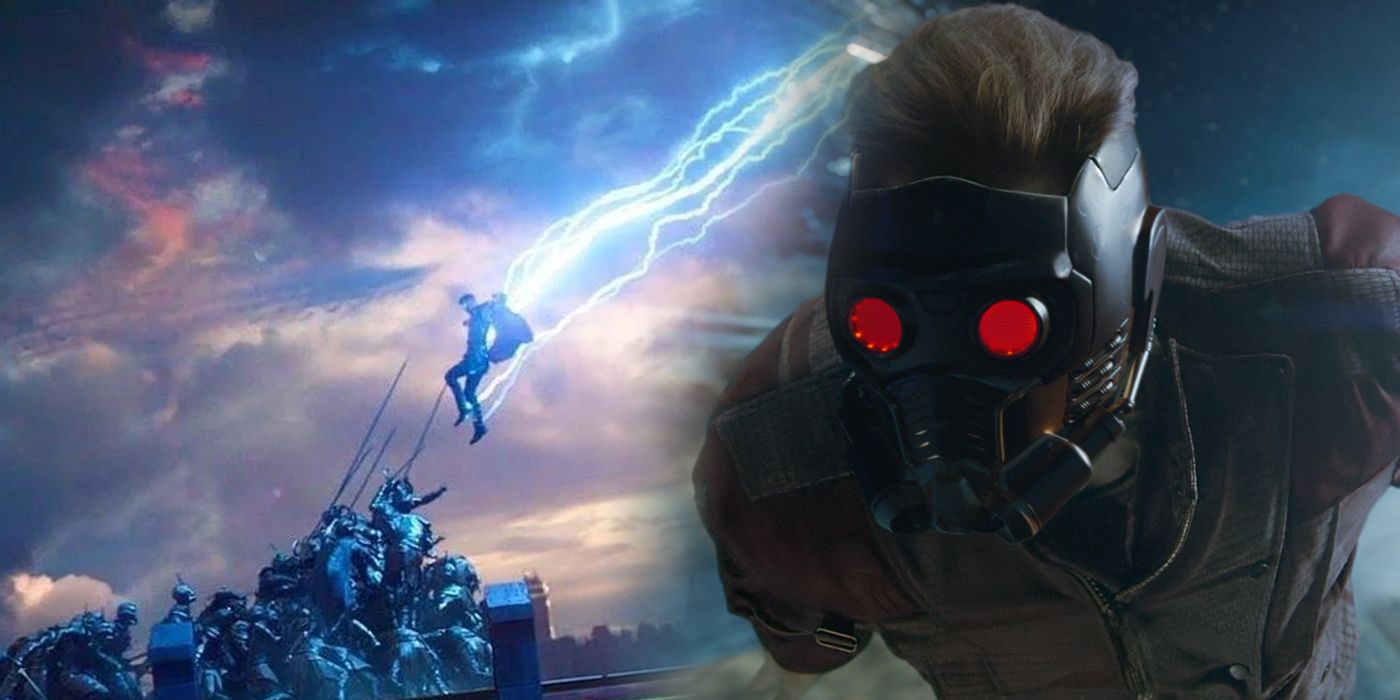 Split image of Star-Lord in space with Thor fighting undead Asgardians from the MCU