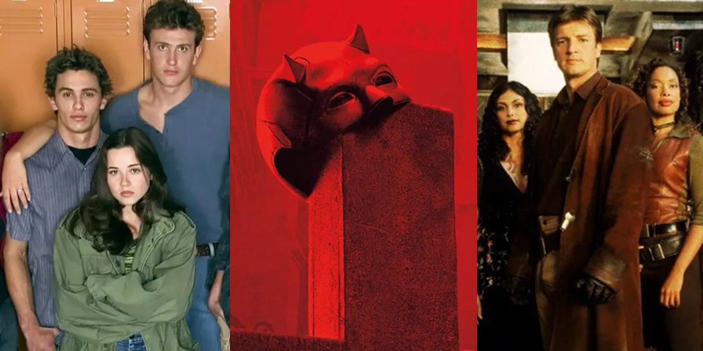 10 Final Seasons That Left Too Many Threads Hanging Feature Image: Left to right - Lindsey and the freaks from Freaks and Geeks stares at the camera; the Daredevil's cap sits on a cross in a red Daredevil season 3 poster; and Mal, Inara, and Zoe from Firefly staring at the camera 