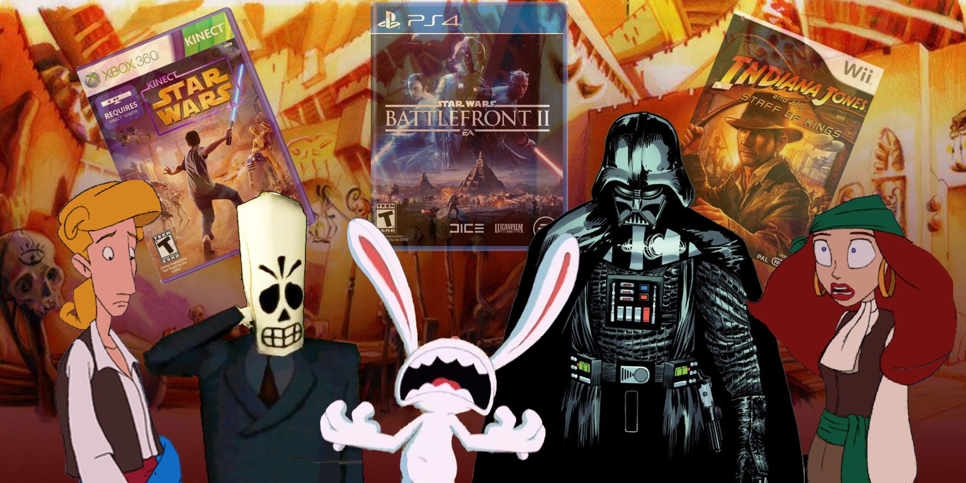 A collage of Lucasfilm characters looking sad with several Lucasfilm games behind them