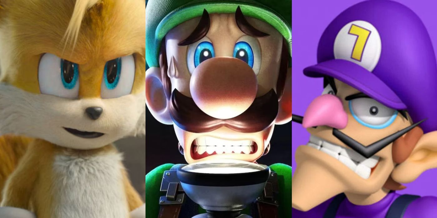 A split image with Tails from Sonic The Hedgehog 2, Luigi from Luigi's Mansion 3, and Waluigi