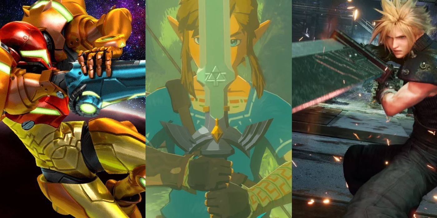 A split image of Samus from Metroid: Samus Returns, Link from The Legend Of Zelda: Breath Of The Wild, and Cloud Strife from Final Fantasy VII: Remake.
