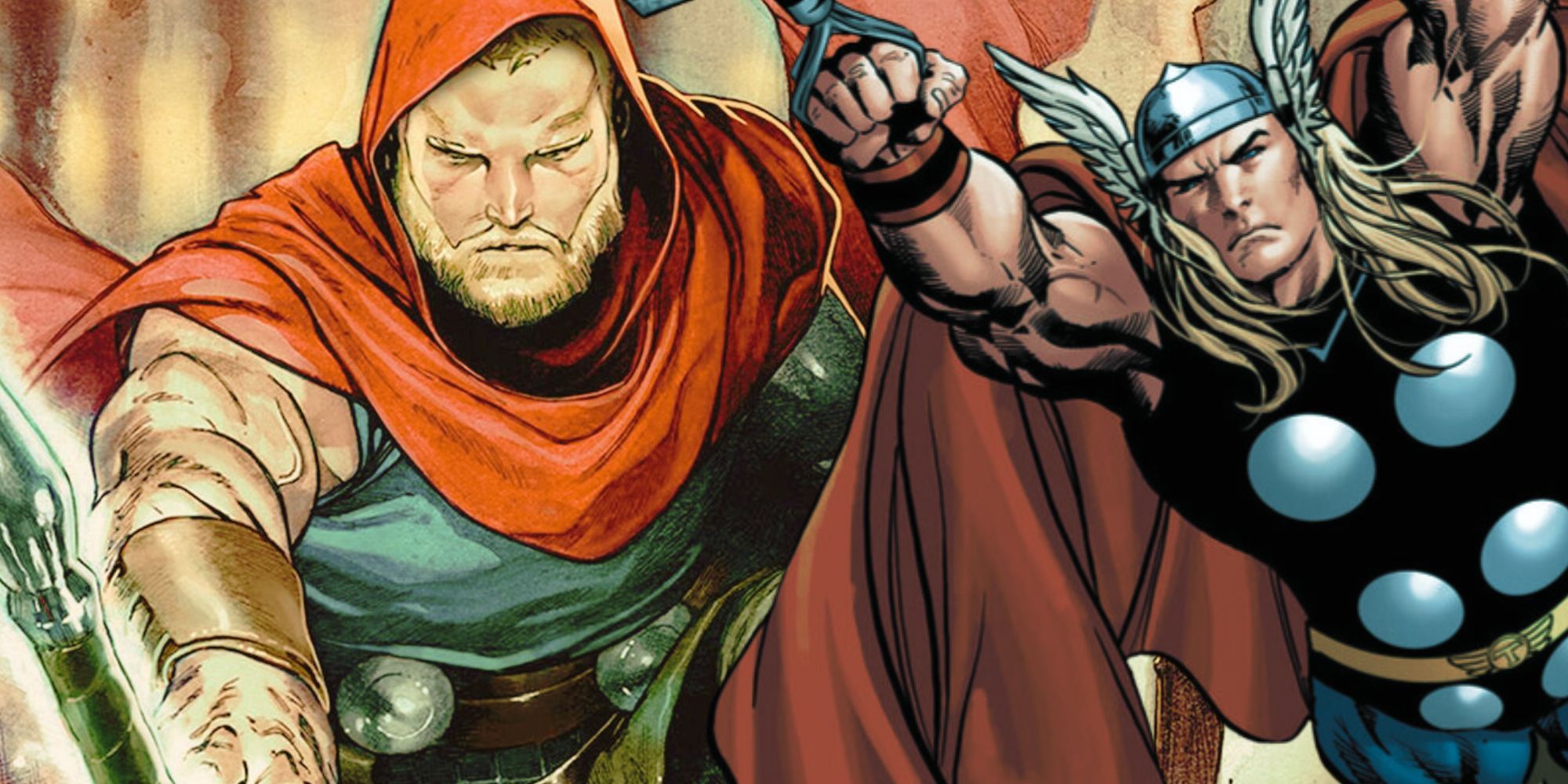 A split image of Thor's milestones: Odinson in Unmighty Thor and All-Father Thor in Marvel Comics