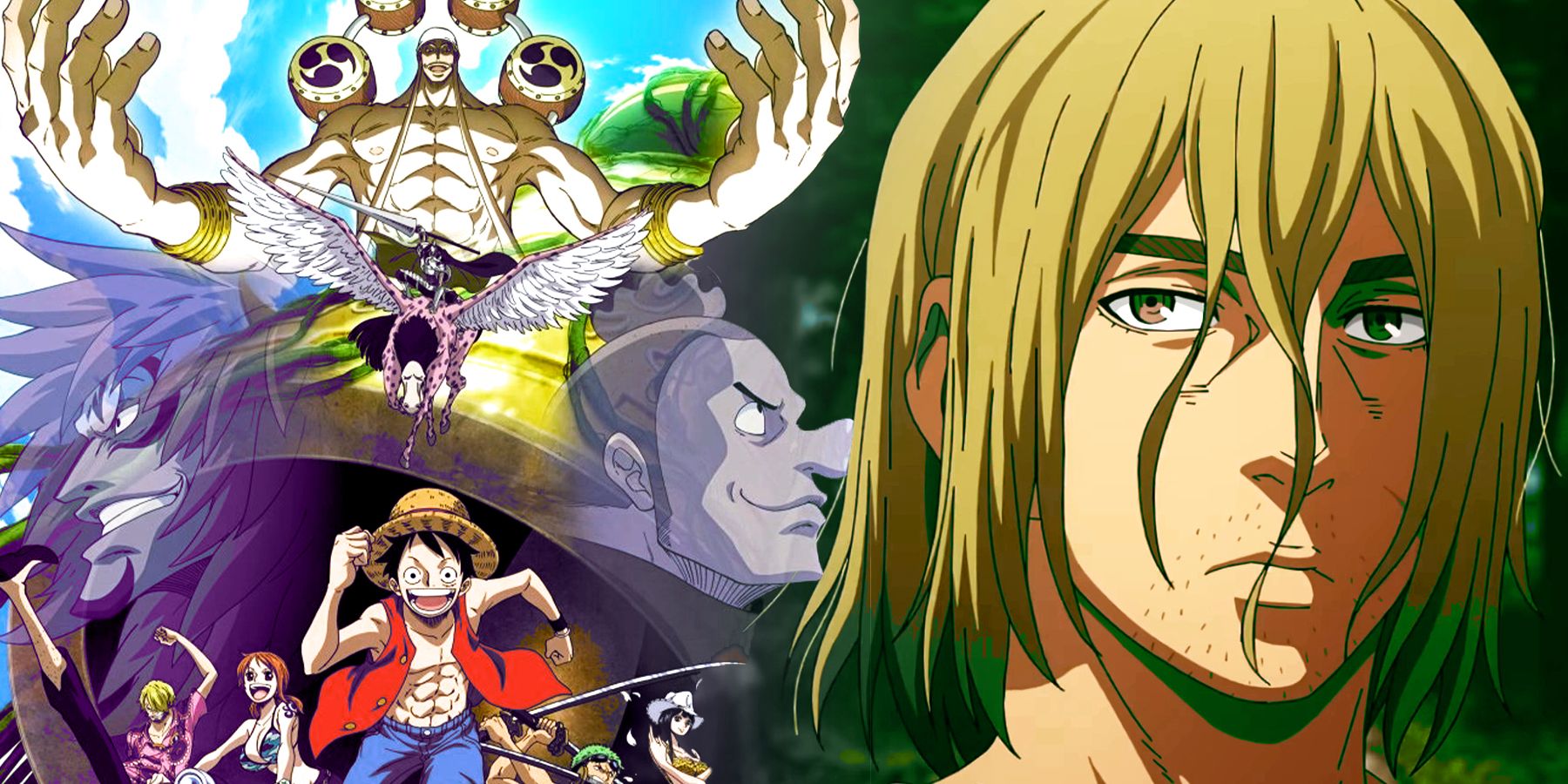 Luffy and characters from the One Piece Skypiea Arc and Thorfinn of Vinland Saga