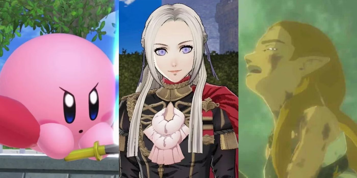A split image of Kirby from Super Smash Bros., Edelgard from Fire Emblem: Three Houses, and Zelda from The Legend Of Zelda: Breath Of The Wild.