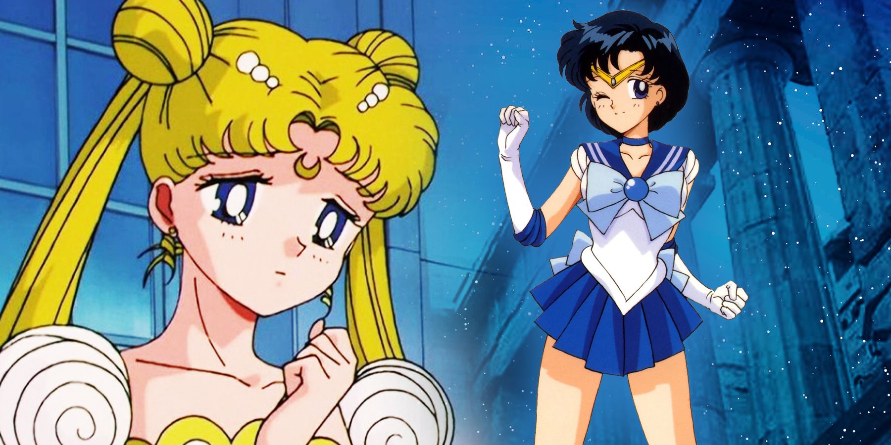 Princess Serenity and Sailor Mercury as seen in anime Sailor Moon in front of Greek pillars.