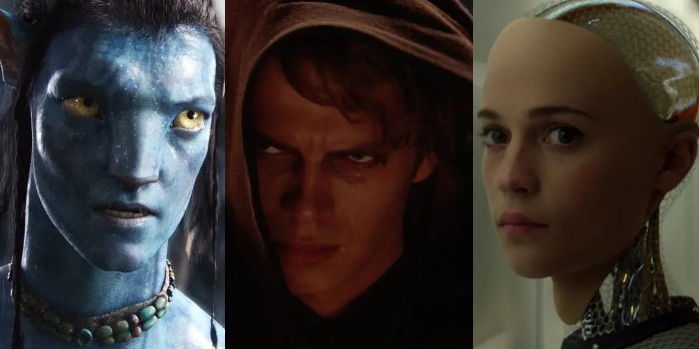 10 Sci-Fi Tropes That Aged Poorly Feature Image: Jake Sully from Avatar in his Na'vi body; Anakin Skywalker after his fall to the Dark Side; and Ava from Ex Machina staring at the audience