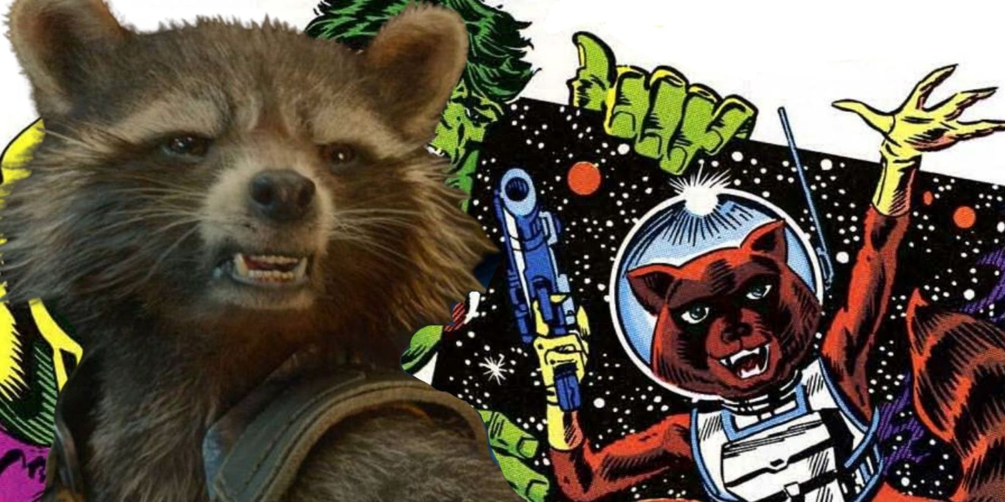 A combined image of Rocket Raccoon in the MCU and in Marvel Comics with The Hulk