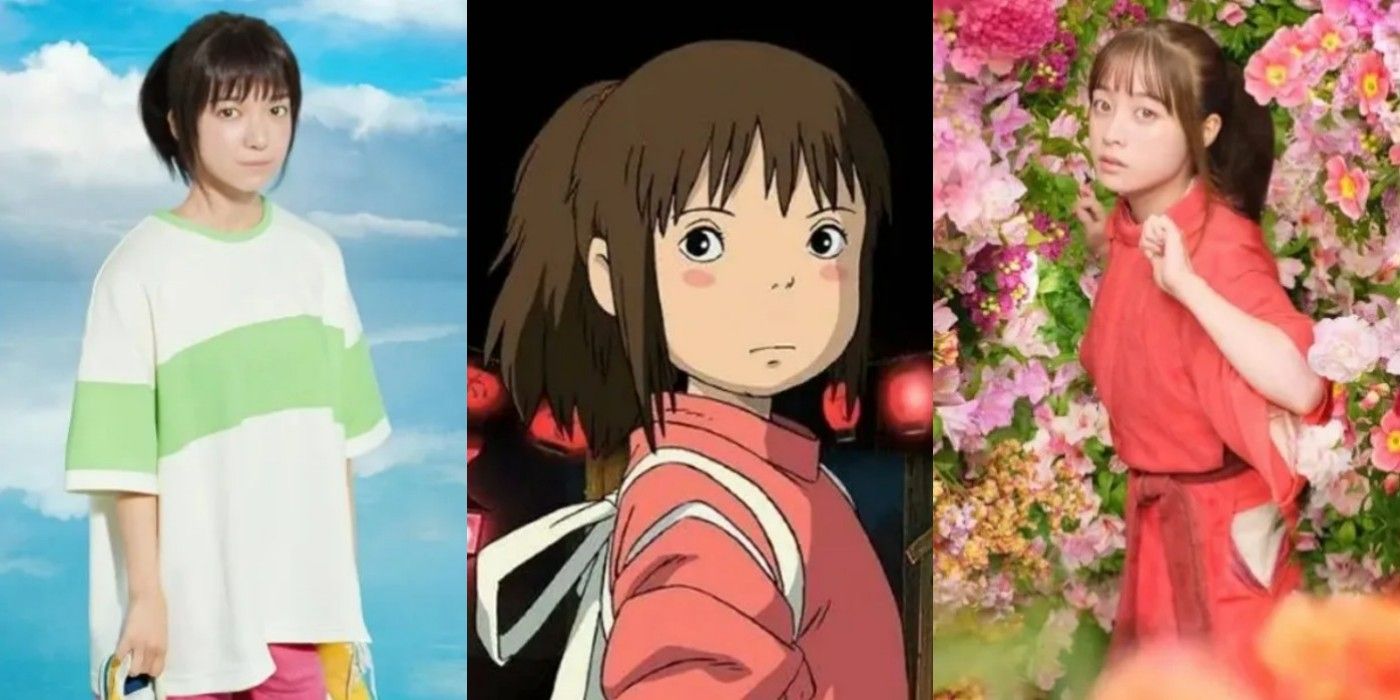 A split image of live action and animated characters from Spirited Away
