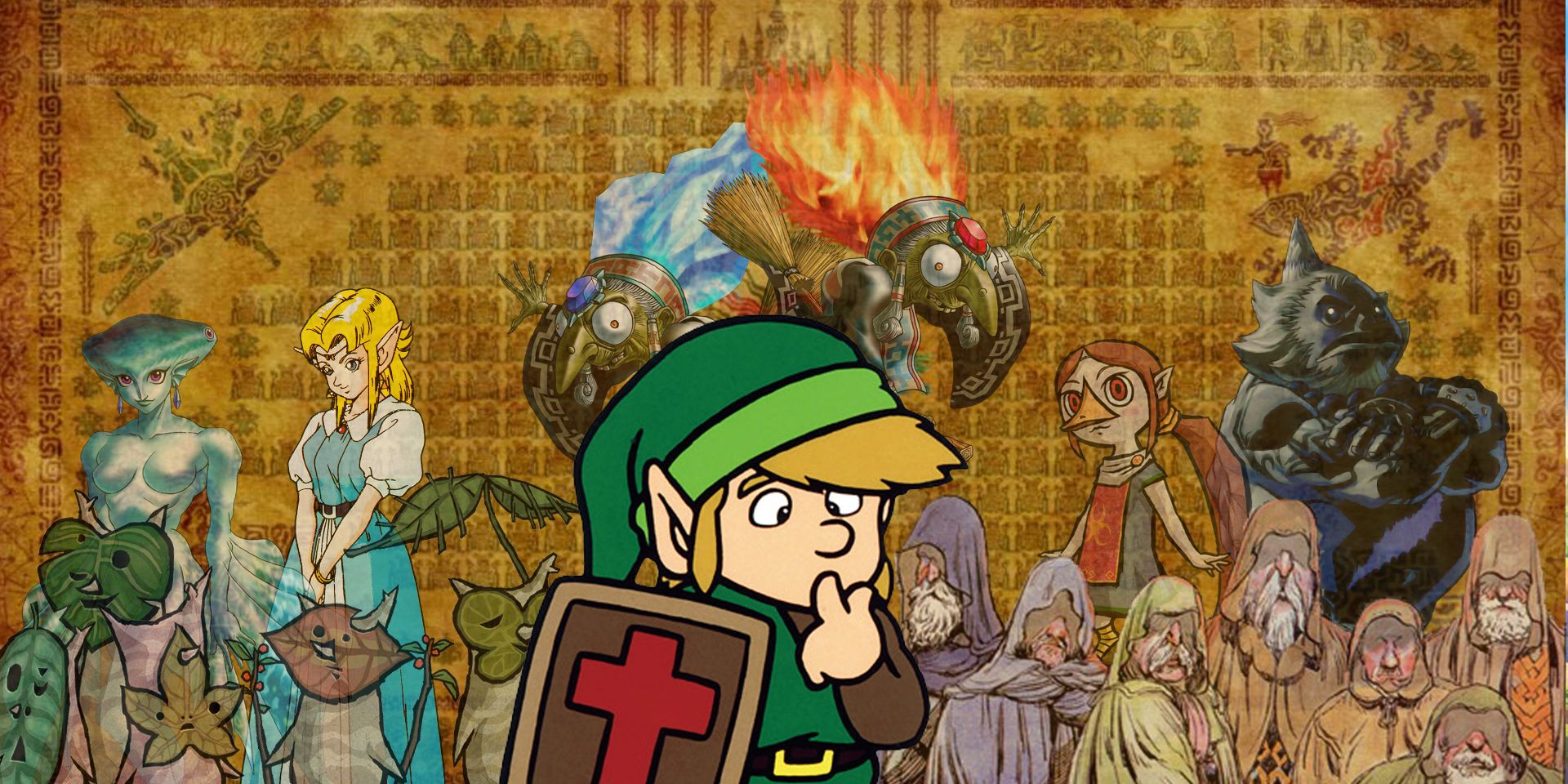 Link ponders in front of the large cast of characters.
