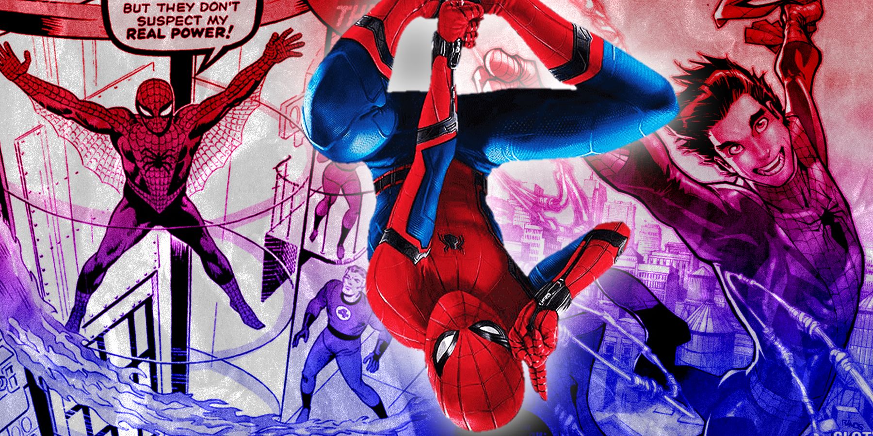 Blended image of Spider-Man in The Amazing Spider-Man #1; Tom Holland's Spider-Man upside-down; and Spider-Man swinging through the air