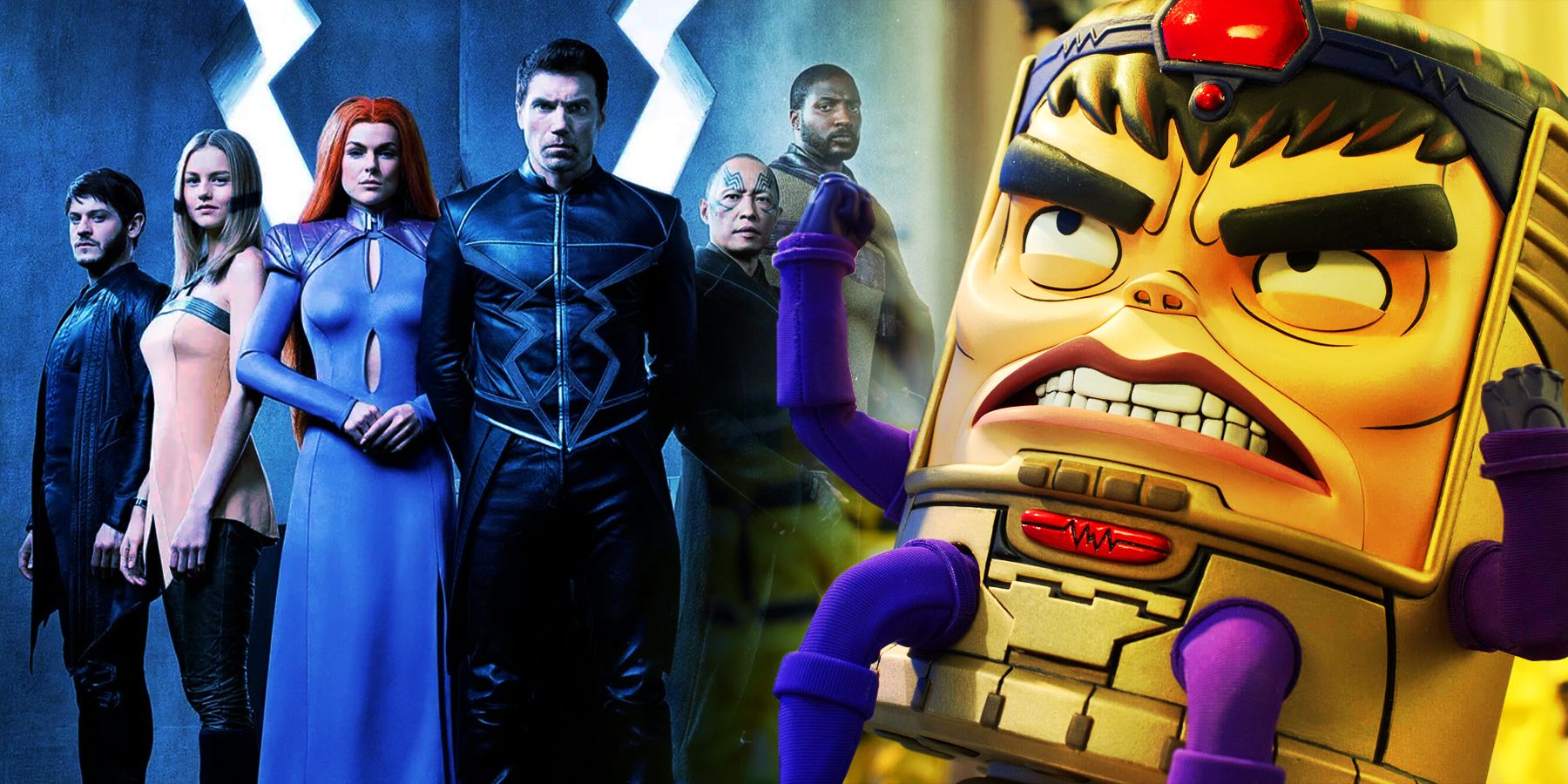 A split image of Marvel's Inhumans and the animated MODOK on television