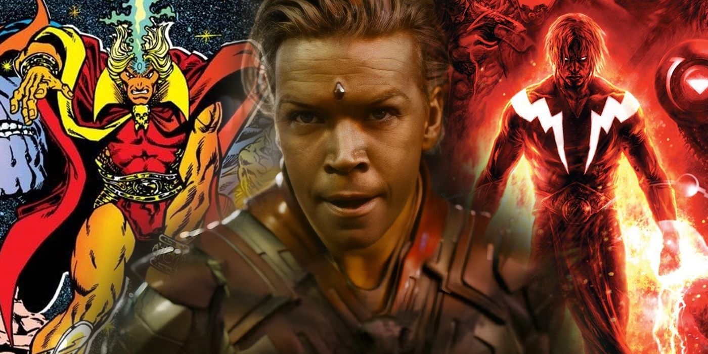 Collage of Adam Warlock from Guardians of the Galaxy Vol. 3 with comic versions in the background