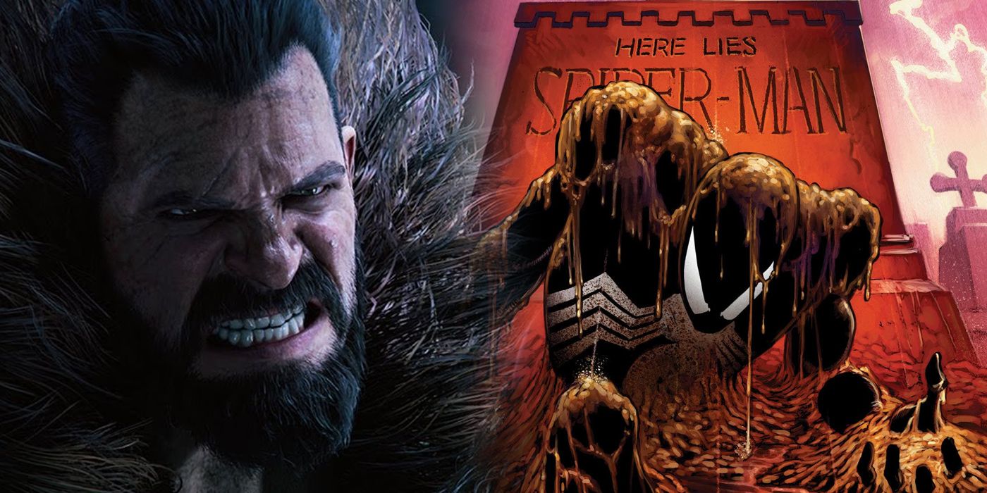 Split image of Kraven the Hunter from the Spider-Man II game and Spider-Man crawling from a grave from Marvel Comics