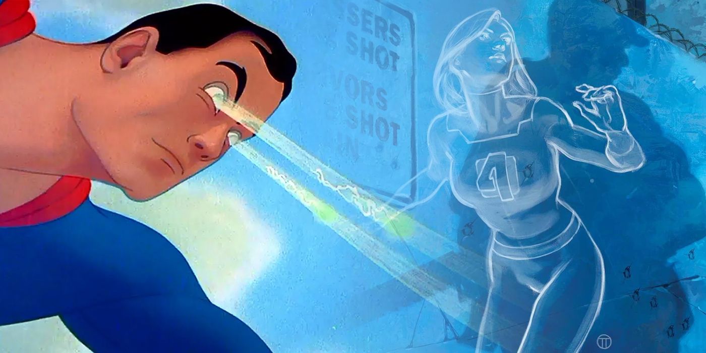 Split image of Superman using his x-ray vision and Invisible Woman using her powers in the comics