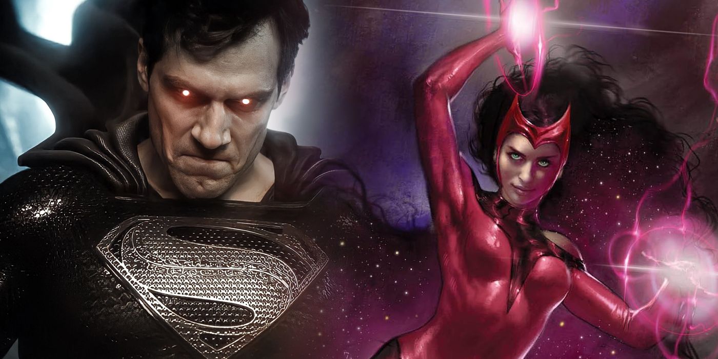 Split image of the DCEU's Superman and Scarlet Witch from Marvel Comics