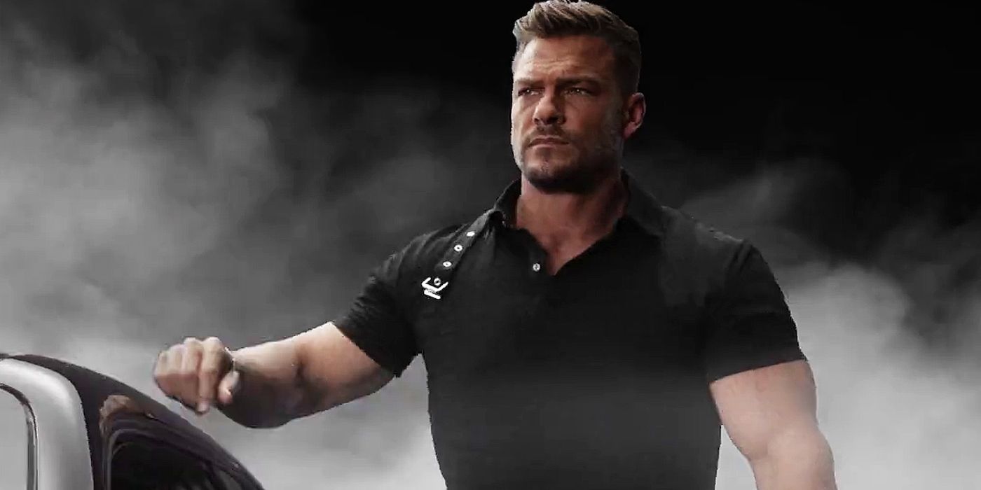 Fast X's Aimes (Alan Ritchson) with smoke behind him.