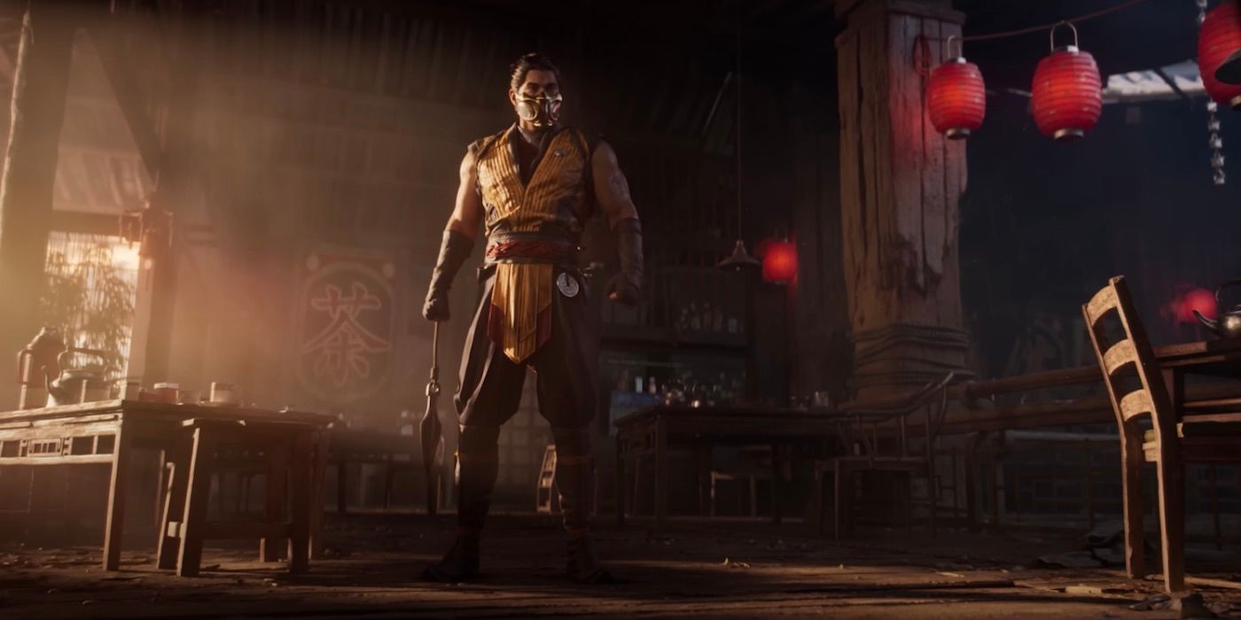 Mortal Kombat 1 - Scorpion, in a more human form, standing in an eatery