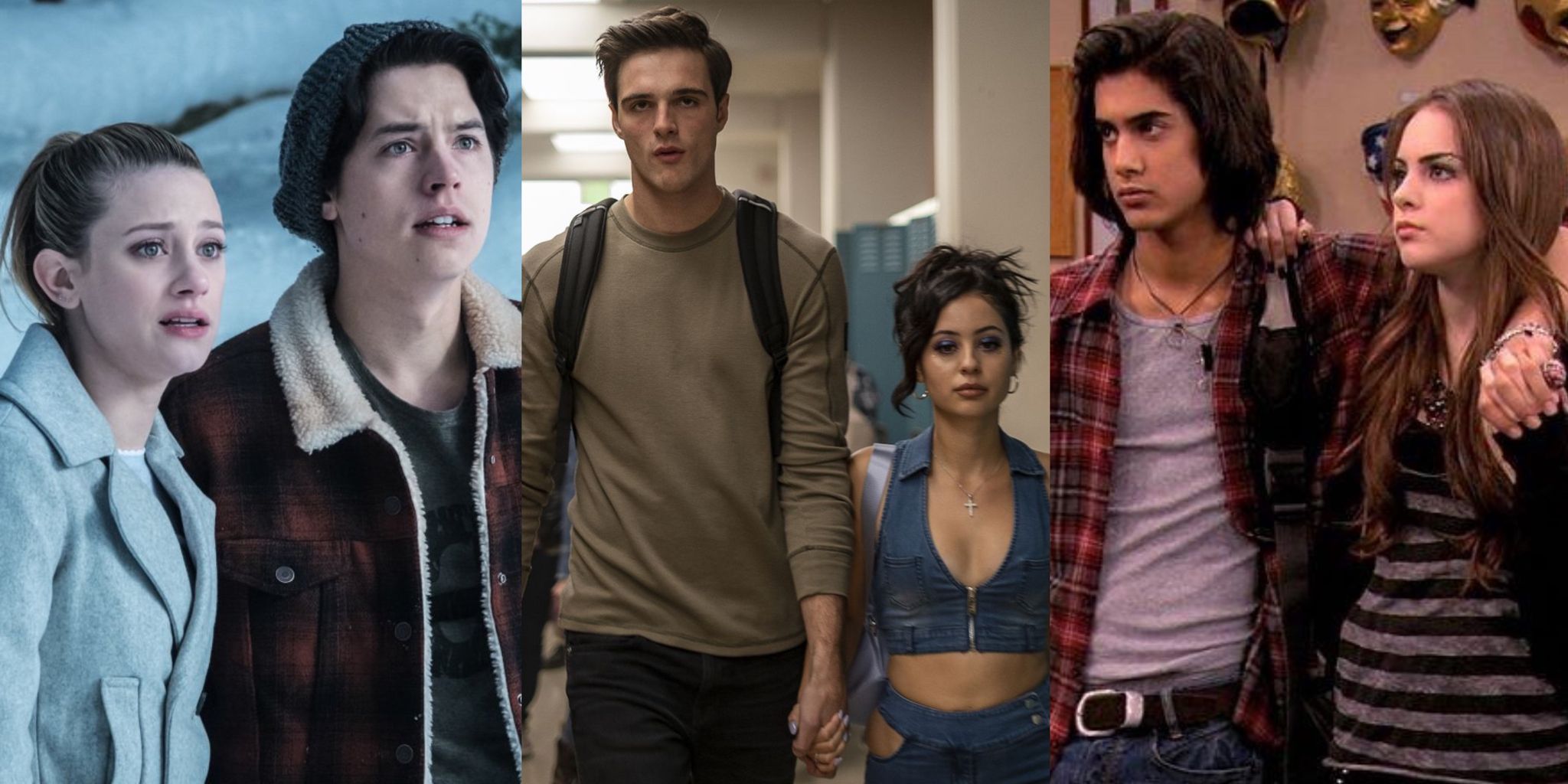 Split image of Betty & Jughead (Riverdale), Nate & Maddy (Euphoria), Beck & Jade (Victorious)