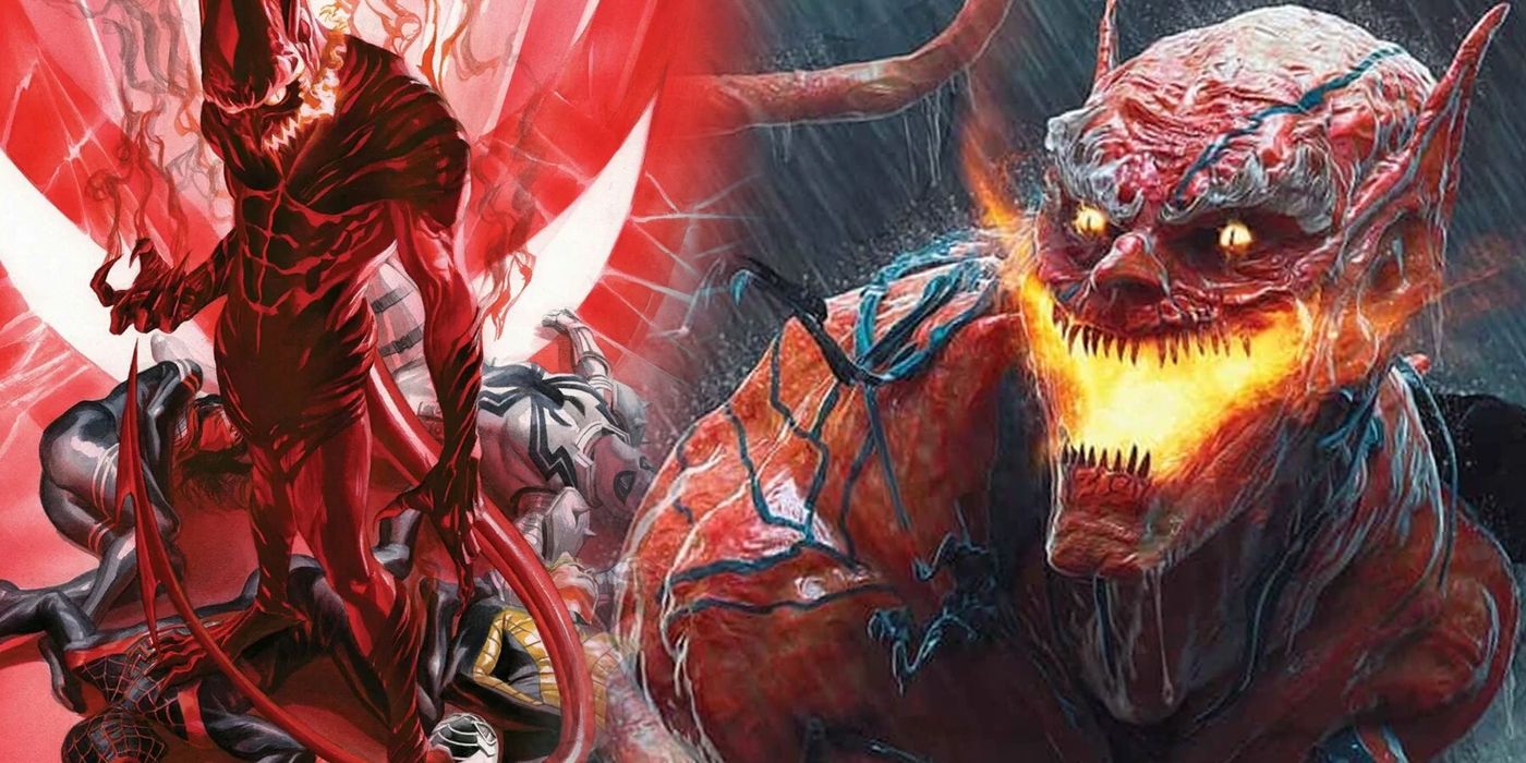 Split image of Red Goblin with his fallen enemies in the background from Marvel Comics