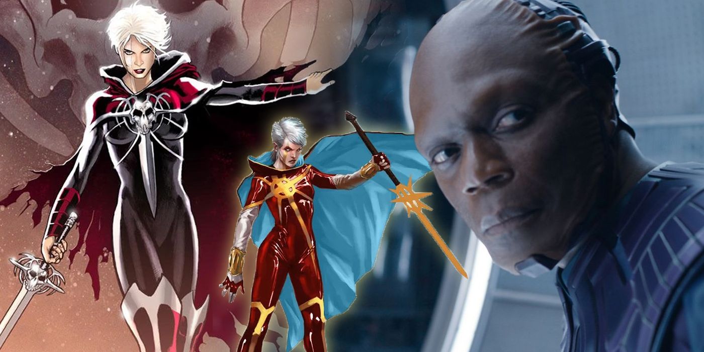 Collage of High Evolutionary from Guardians of the Galaxy, Vol. 3 and Phyla-Vell as Martyr and Quasar from the comics